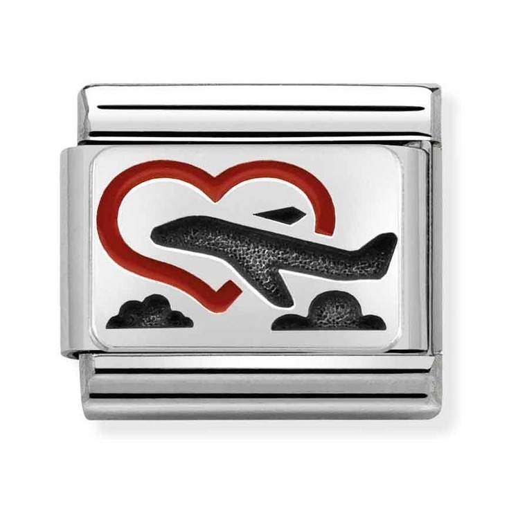 Nomination Composable Classic Charm Herz mit Flugzeug - Edelstahl, Sterling Silber, Emaille