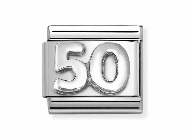 Edelstahlarmband mit oxidierten Symbolen, dargestellt durch die Zahl 50 in silberner Farbe, geeignet für Jubiläen und besondere Anlässe, von Nomination, Modell 330101 60.