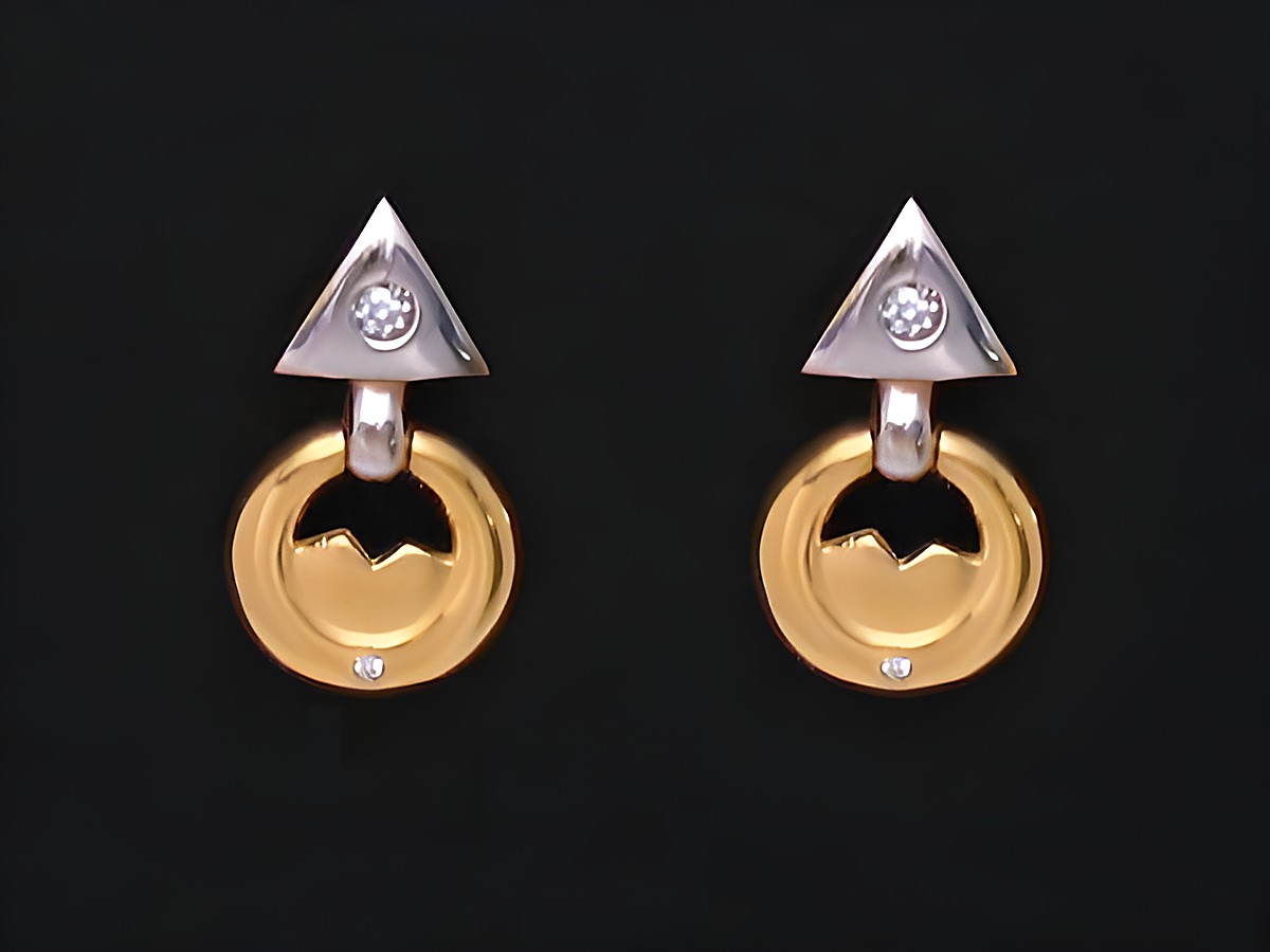 Gold Ohrringe zeitlos DESIGN bicolor mit Zirkonia von Juwelier Harnisch, stilvolles Design mit geometrischen Formen und glänzender Oberfläche, ideal für jede Gelegenheit.