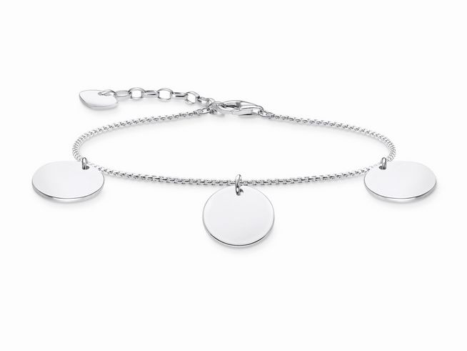 Silbernes Armband von Thomas Sabo mit drei runden, glatten Anhängern, verstellbar von 16 bis 19 cm, ideal für elegante und modische Looks.