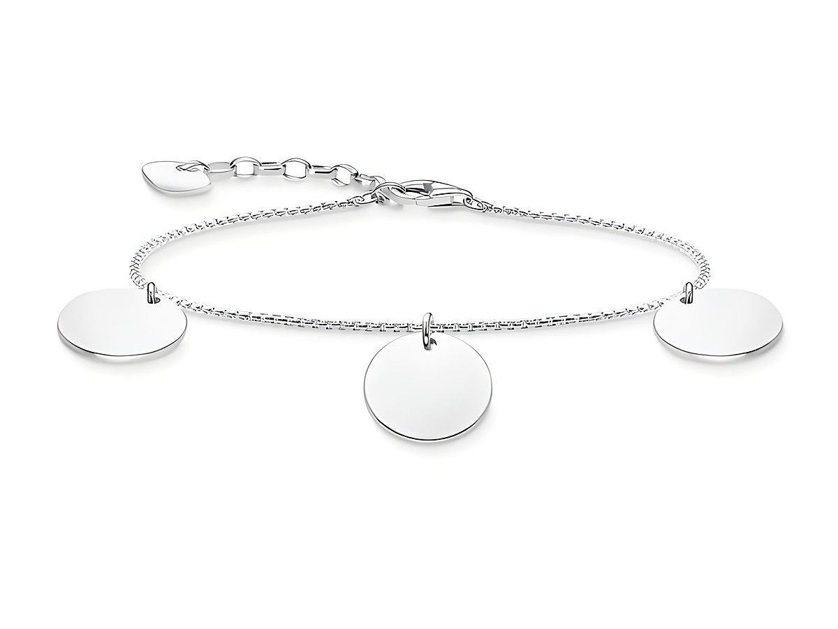 Silbernes Armband von Thomas Sabo mit drei runden, glatten Anhängern, verstellbar von 16 bis 19 cm, ideal für elegante und modische Looks.