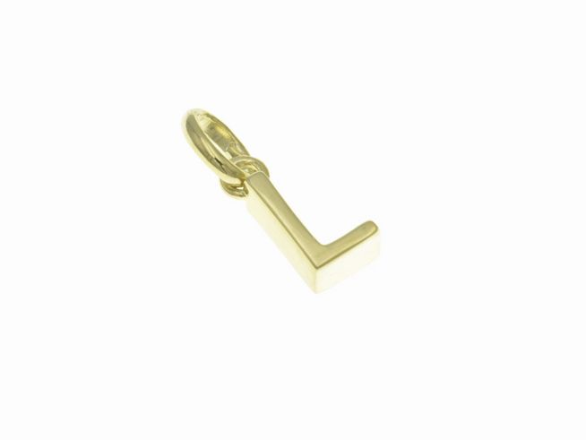 Anhängerkette aus poliertem Sterling Silber in Form des Buchstabens L, vergoldet in Gelbgold, Hersteller Juwelier Harnisch, elegantes und modernes Design.