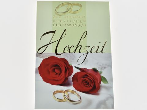 Hochzeitskarte mit roten Rosen und goldenen Ringen, Hersteller: Juwelier Harnisch, Hochzeitskarten, ideal für Hochzeitsglückwünsche und zum Verschenken.