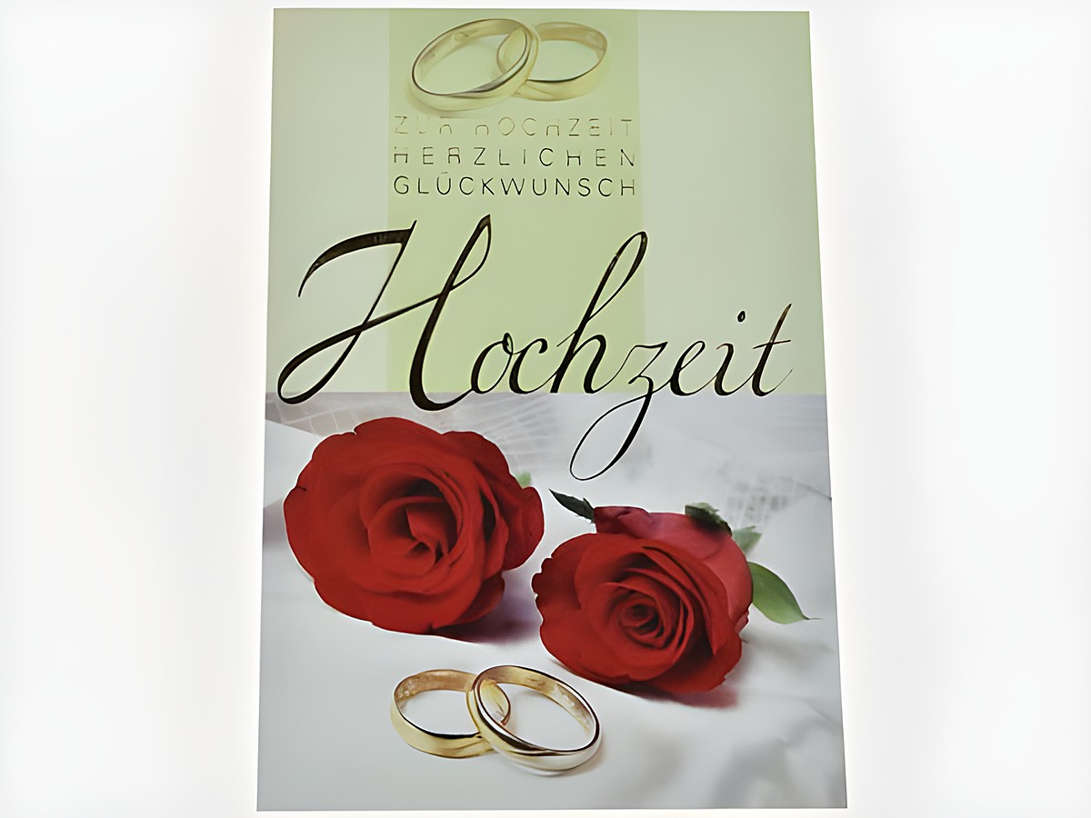 Hochzeitskarte mit roten Rosen und goldenen Ringen, Hersteller: Juwelier Harnisch, Hochzeitskarten, ideal für Hochzeitsglückwünsche und zum Verschenken.