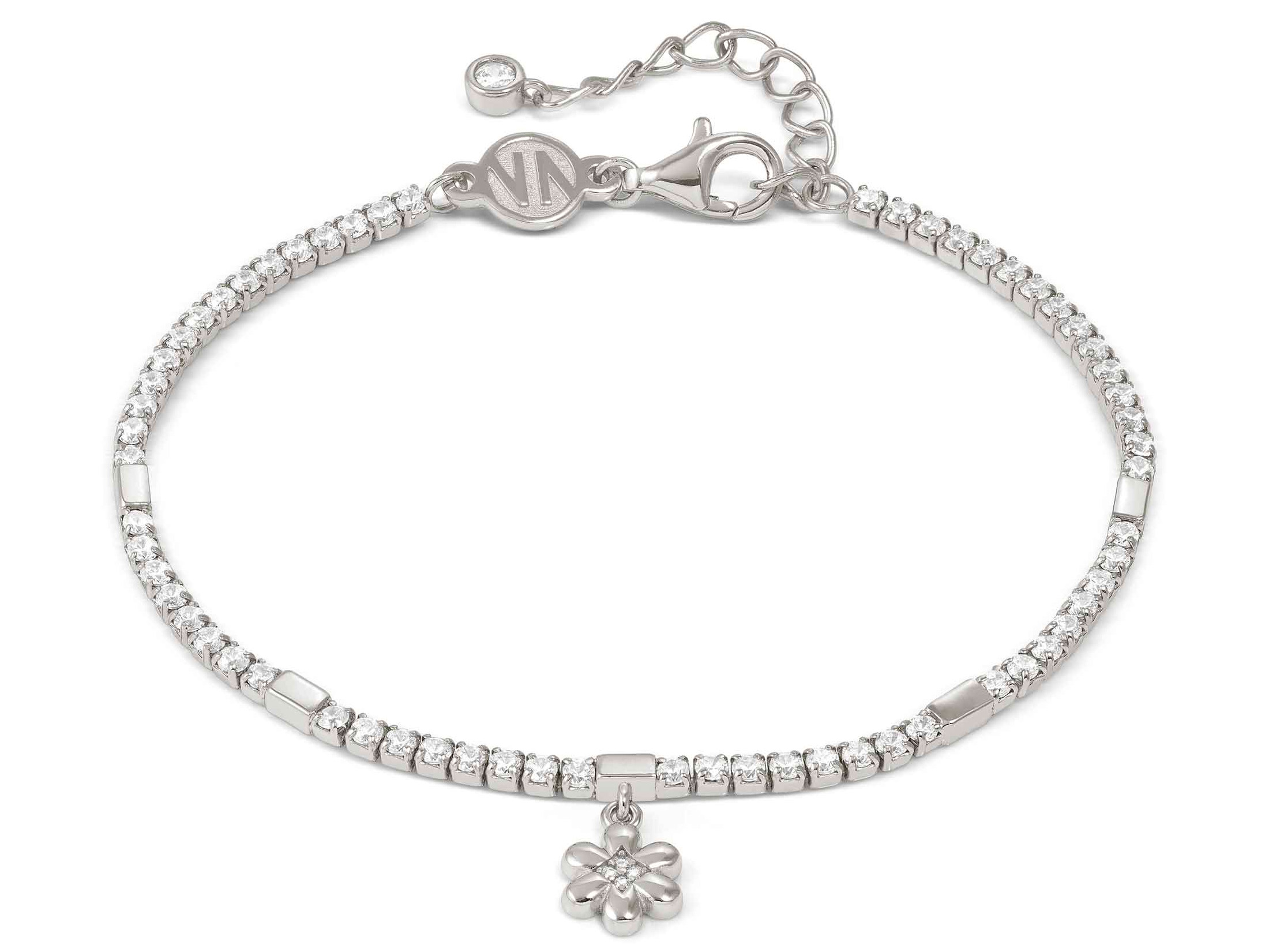 Silbernes Armband mit funkelnden Zirkonia-Steinen und einer Blumenanhängung, verstellbar von 16,5 bis 19,5 cm, hergestellt von Pandora, aus der Kategorie Neuheiten.