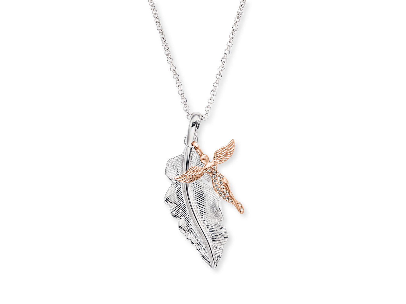Kette mit Anhänger in Bicolor, bestehend aus einem Blatt aus rhodiniertem Silber und einem Engel mit Flügeln in Roségold. Die Kette hat eine Länge von 42 cm.