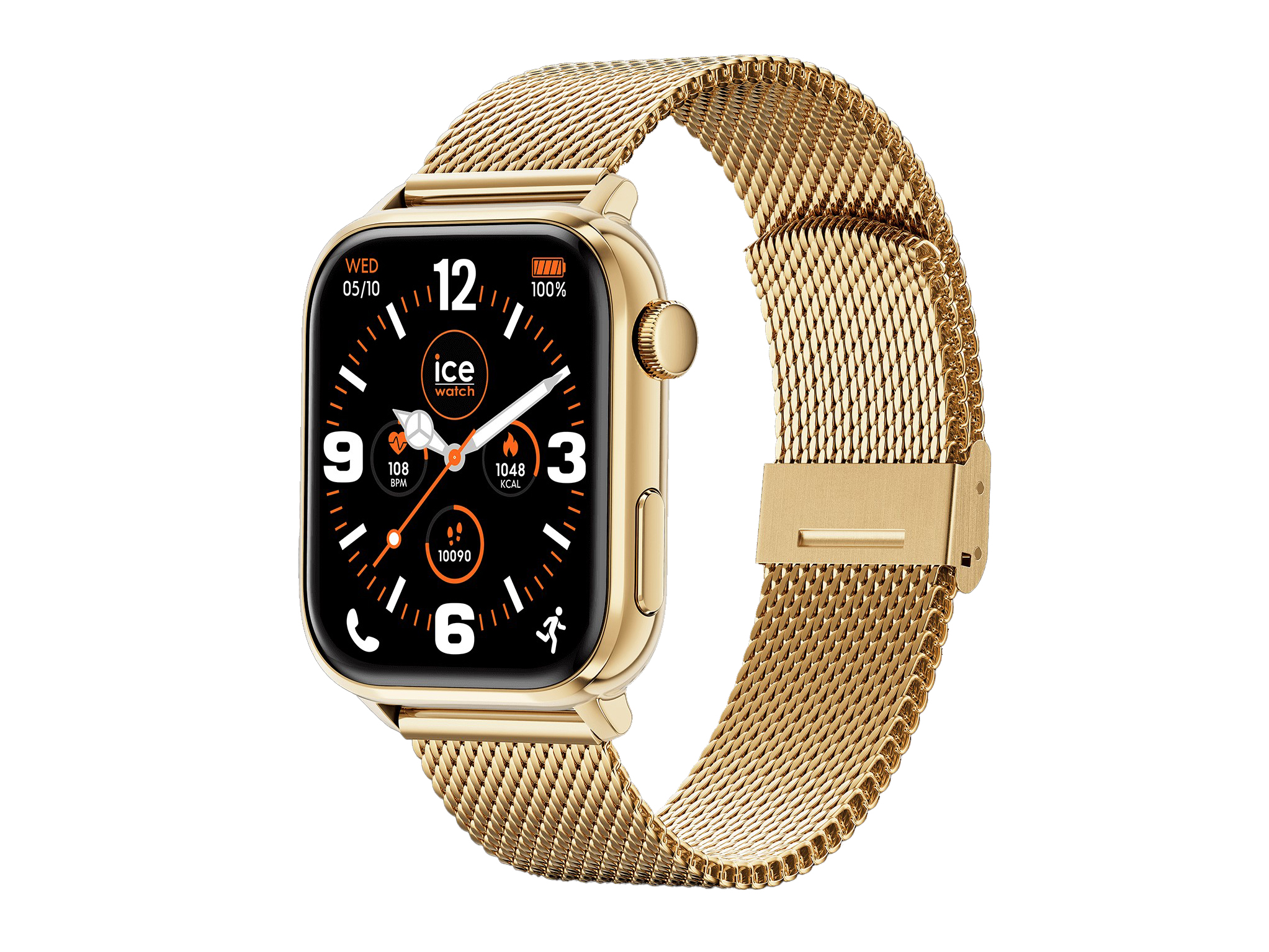 Goldene Ice Watch 024656 ICE smart 3.0 Smartwatch mit einem 1,78 Zoll Display, schwarzem Zifferblatt und orangen Akzenten. Elegantes Mesh-Armband in Gold. Ideal für moderne Nutzer.