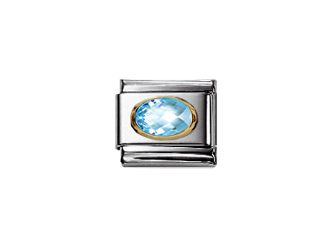 Zirkonia Element von Nomination in Himmelblau, ovaler Form, mit einem glänzenden Rahmen aus Edelstahl und goldfarbener Umrandung, passend für Armbänder und Schmuckkreationen.