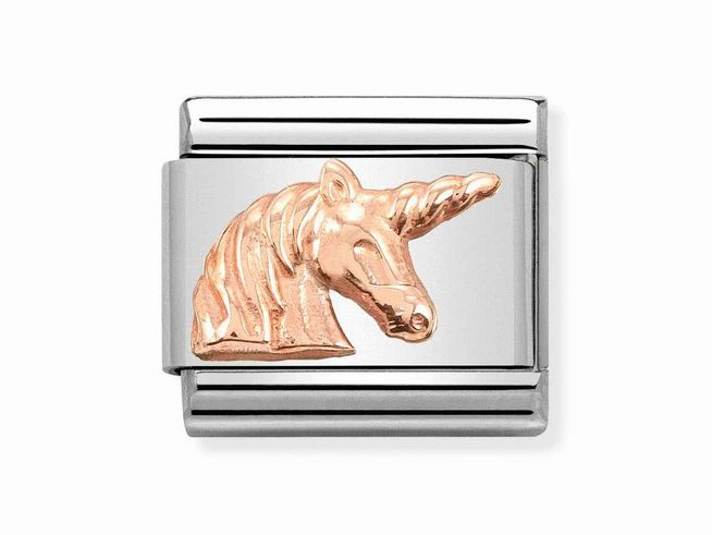 443010618-0 Roségoldenes Relief eines Einhorns auf einem silbernen Armbandmodul von Nomination Classic, Modellnummer 430106 18. Das Design vermittelt Eleganz und Fantasie.