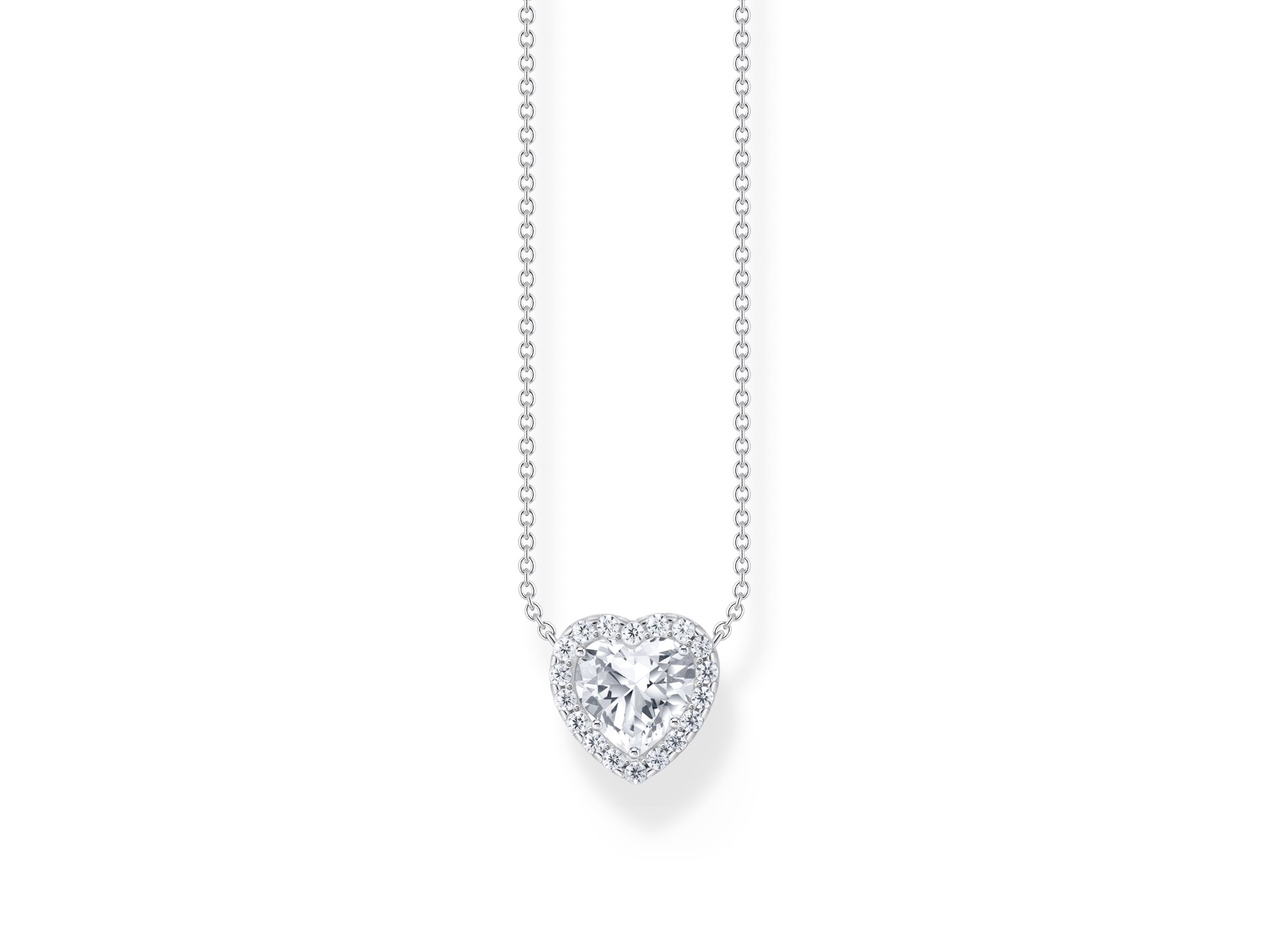 Die Thomas Sabo LOVE & HEARTS Kette in Silber mit Zirkonia zeigt ein herzförmiges Anhängerdesign, das elegant schimmert und eine Kettenlänge von 40 bis 45 cm hat.