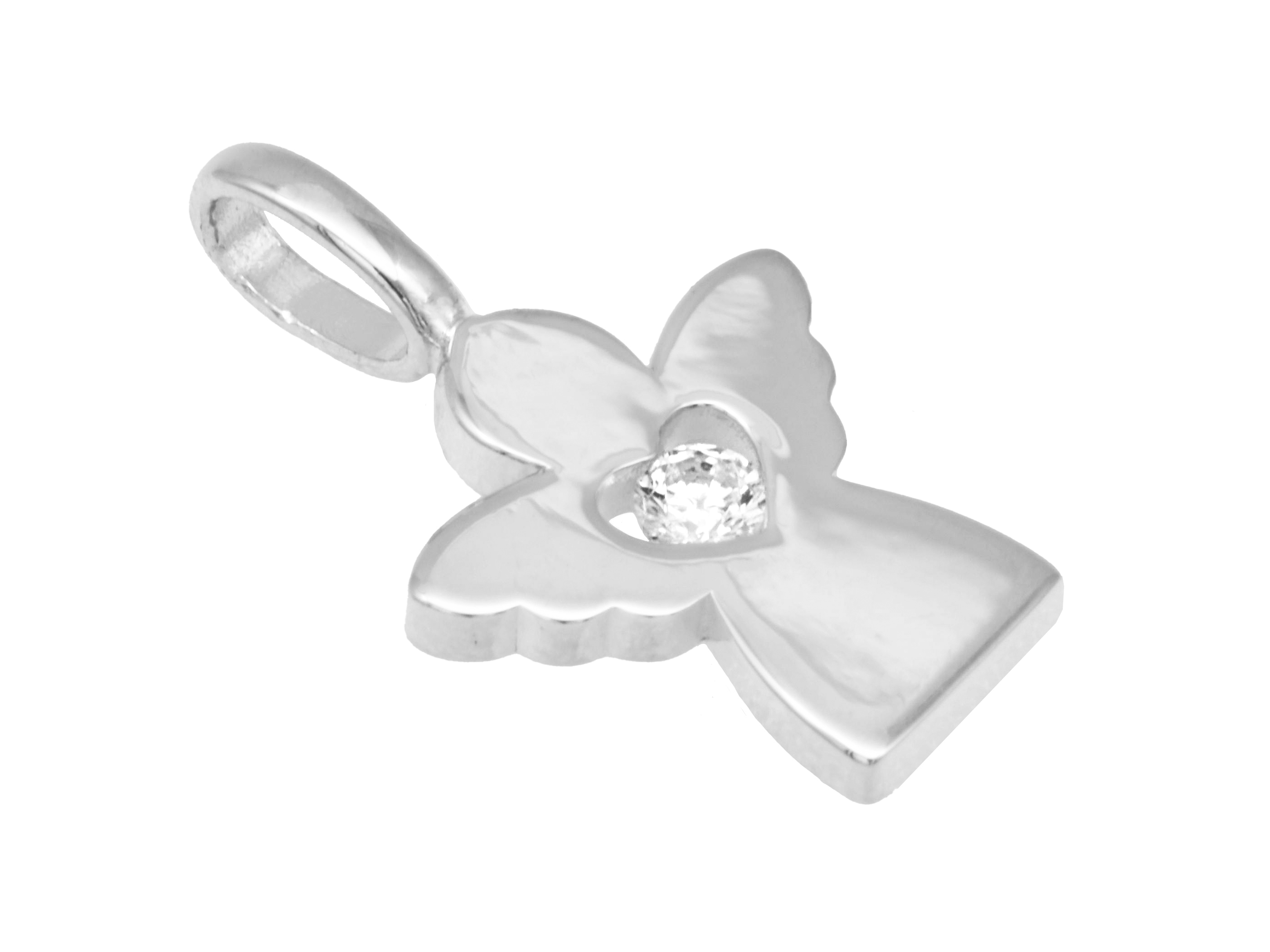 Silber Anhänger Engel mit Herz aus Sterling Silber, rhodiniert und poliert, verziert mit Zirkonia, Hersteller Juwelier Harnisch, ideal als Schmuckstück für besondere Anlässe.