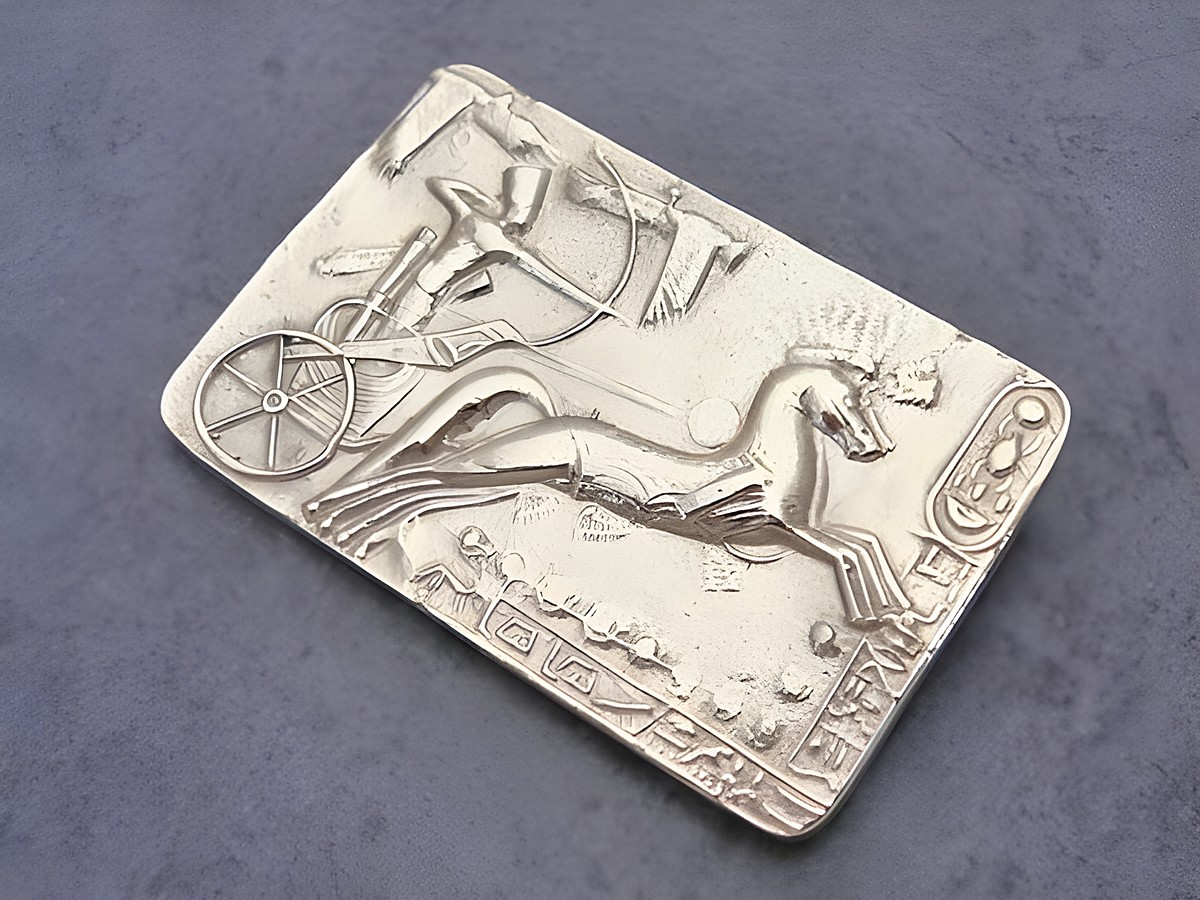 Gold auf Silber Brosche im rechteckigen Design mit ägyptischer Symbolik, von Juwelier Harnisch, zeigt Szenen mit Pferd und Wagen. Ideal für Sammler und Liebhaber antiker Kunst.