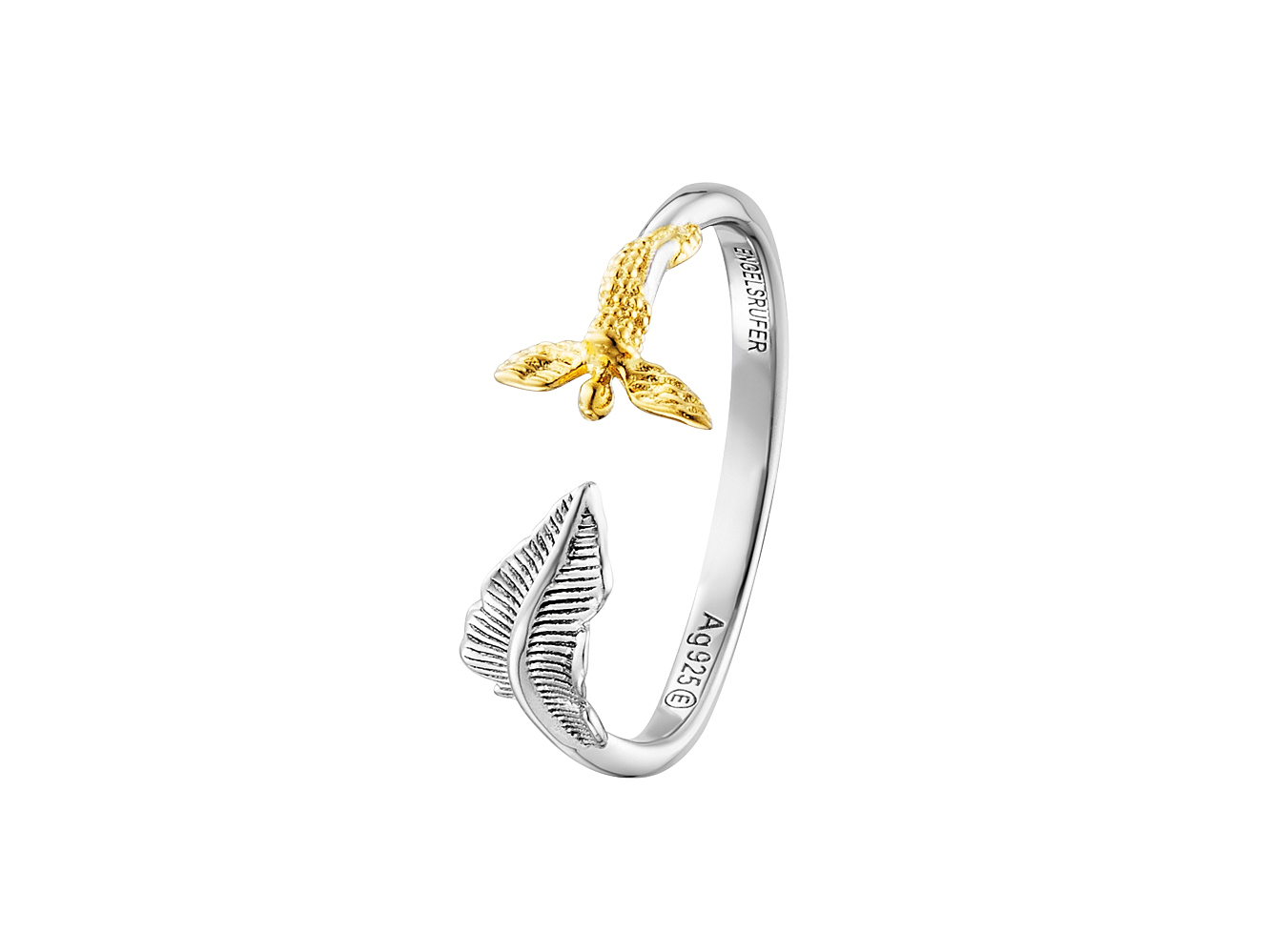 Engelsrufer ERR-FEDER-ANGEL-BIG FEDER & ENGEL Ring Bicolor mit Zirkonia - Gelbgold Verg. auf Silber Ein bicolor Ring von Engelsrufer, kombiniert aus gelbgoldveredelt und Silber, mit einem zarten Blätterdesign und Zirkonia, stilvoll und elegant. Ideal für außergewöhnliche Anlässe.