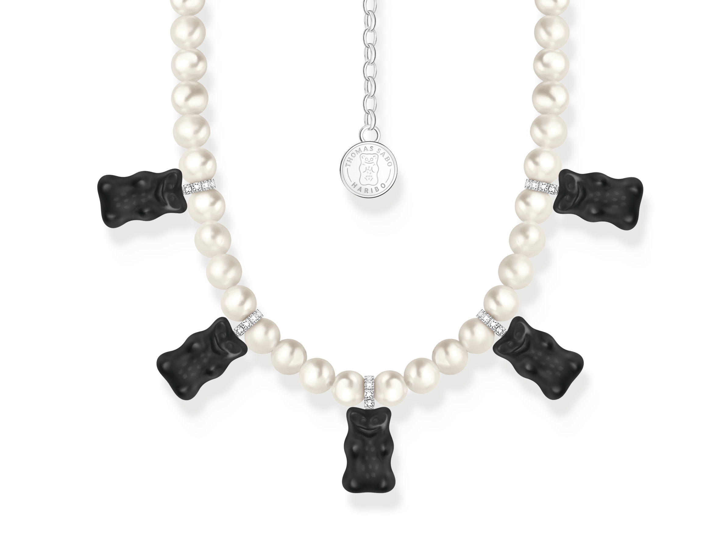 Schwarze Gummibärchen-Anhänger aus Silber und Zirkonia schmücken eine schwarze und silberne Perlenkette von Thomas Sabo, Länge 42-50 cm, ideal für verspielte Eleganz.