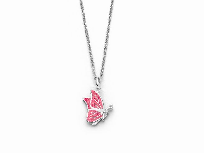Sterling Silber Kette von DUR mit rhodiniertem Anhänger in Form eines Schmetterlings, besetzt mit rosa Steinsand, Gesamtlänge 45 cm.