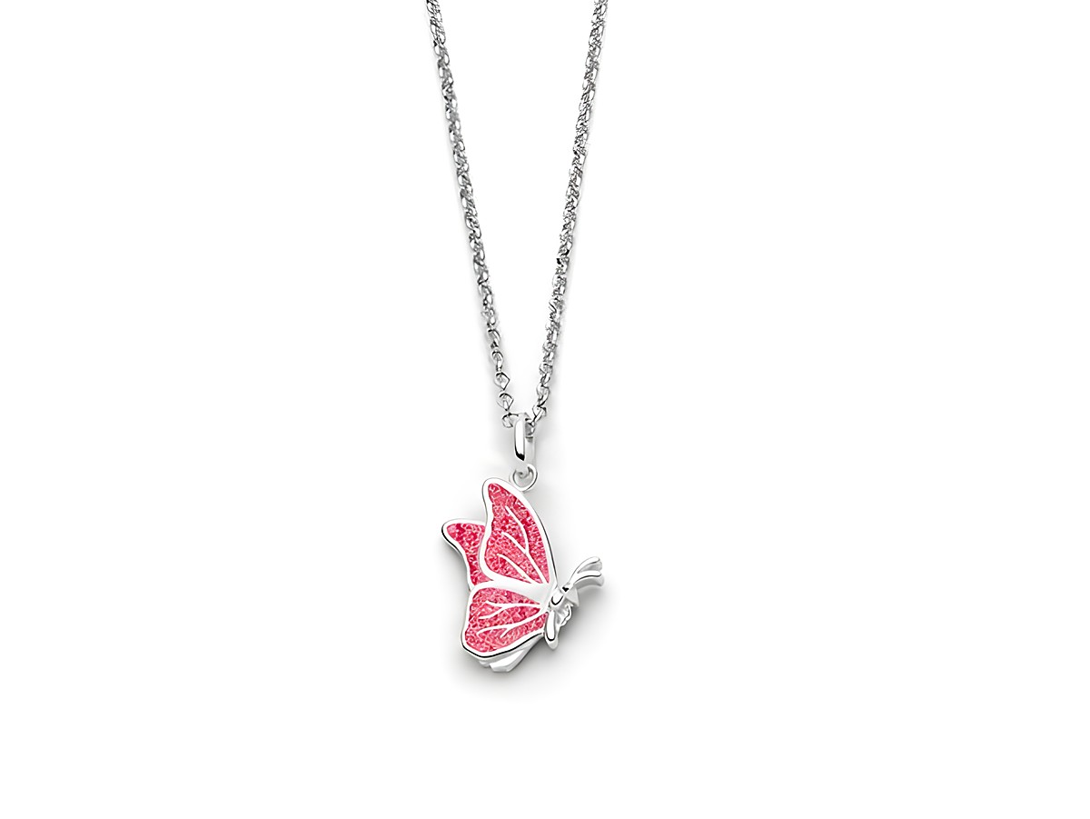 Sterling Silber Kette von DUR mit rhodiniertem Anhänger in Form eines Schmetterlings, besetzt mit rosa Steinsand, Gesamtlänge 45 cm.