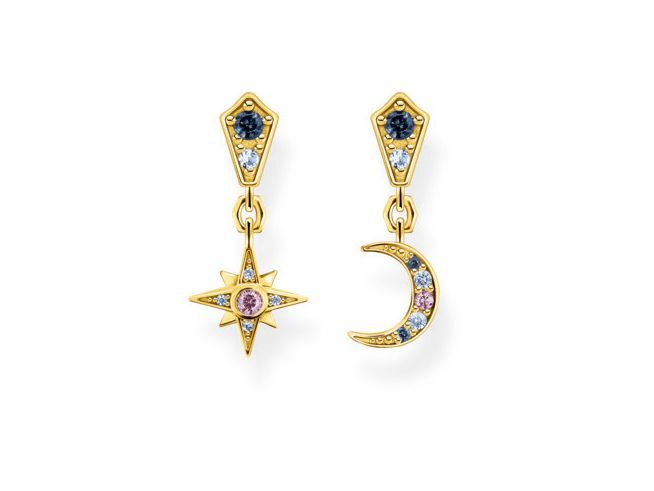 Thomas Sabo Ohrringe aus Sterling Silber in vergoldetem Gelbgold mit Glas-Keramik, synth. Spinell und Zirkonia. Ein Design mit einem funkelnden Stern und einer Halbmond-Form.