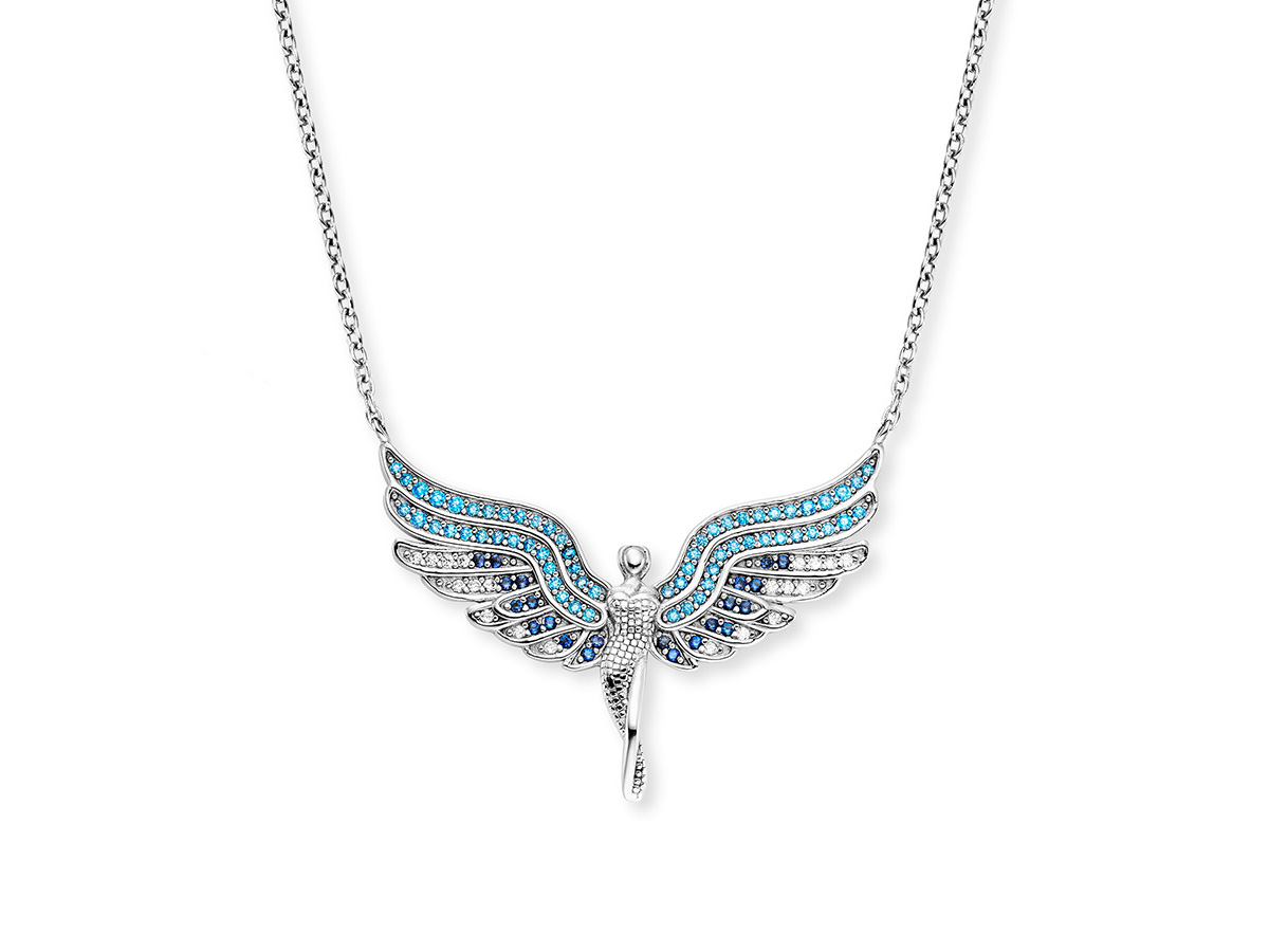 Elegante Engelsrufer Kette aus Silber mit einem Anhänger in Form von Flügeln, besetzt mit bunten Zirkonia, Länge 40 plus 4 cm, perfekte Neuheit für stilvolle Outfits.