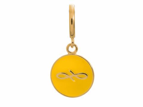 Gelbgoldener Endless Coin Anhänger mit dem Motiv einer geschwungenen Linie, auf einem runden, glatten Hintergrund. Hochwertiges Design, ideal für persönliche Schmuckkollektionen.