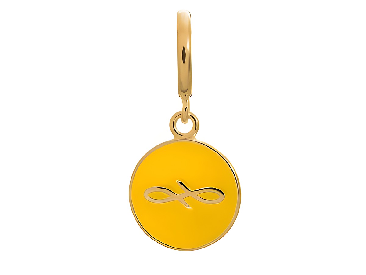 Gelbgoldener Endless Coin Anhänger mit dem Motiv einer geschwungenen Linie, auf einem runden, glatten Hintergrund. Hochwertiges Design, ideal für persönliche Schmuckkollektionen.