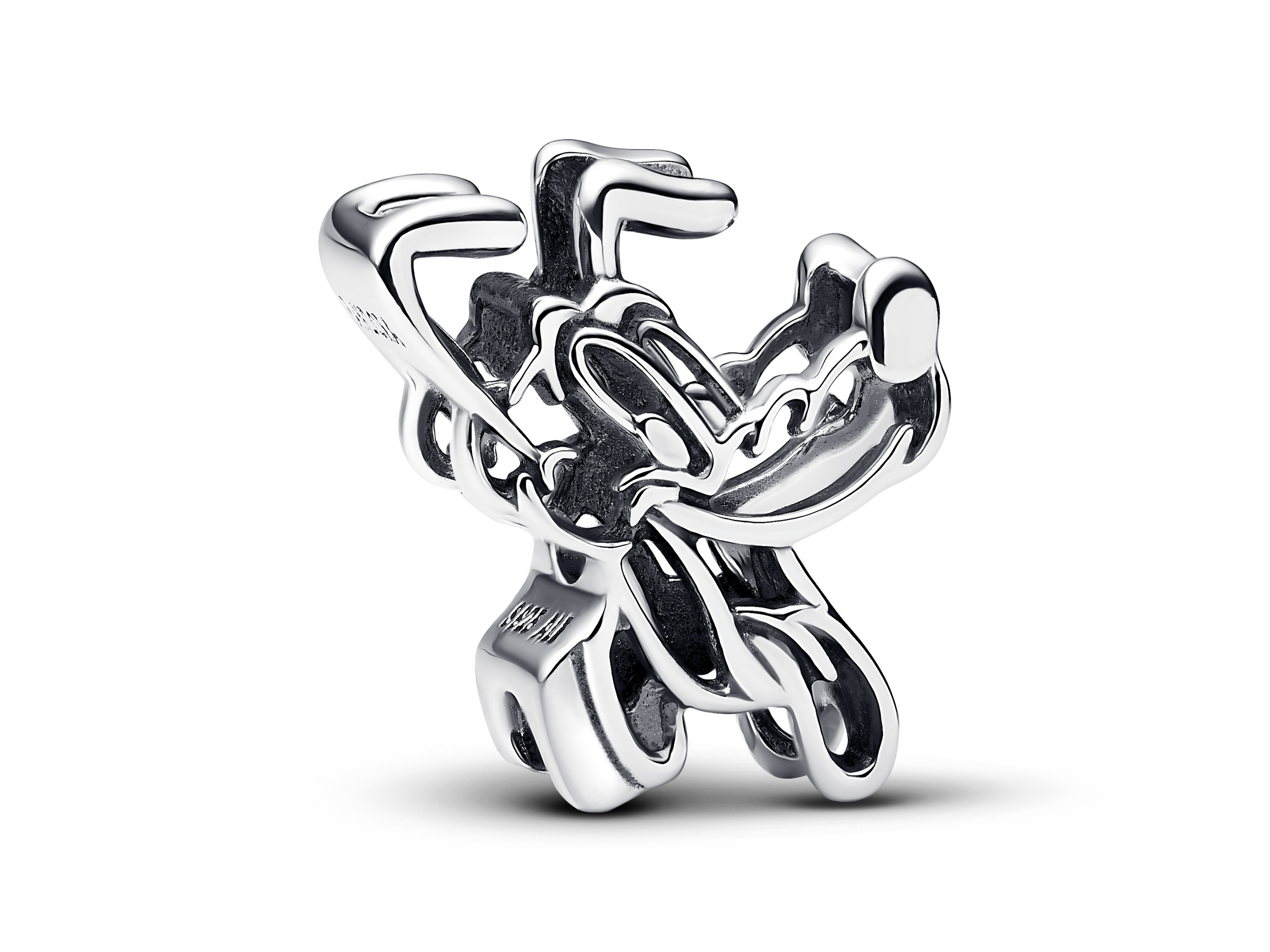 Der charm von Pandora zeigt eine stylisierte Darstellung von Disney Pluto aus Sterling Silber, charmant in seiner Form und ideal für Fans von Disney Schmuck, neu und einzigartig.