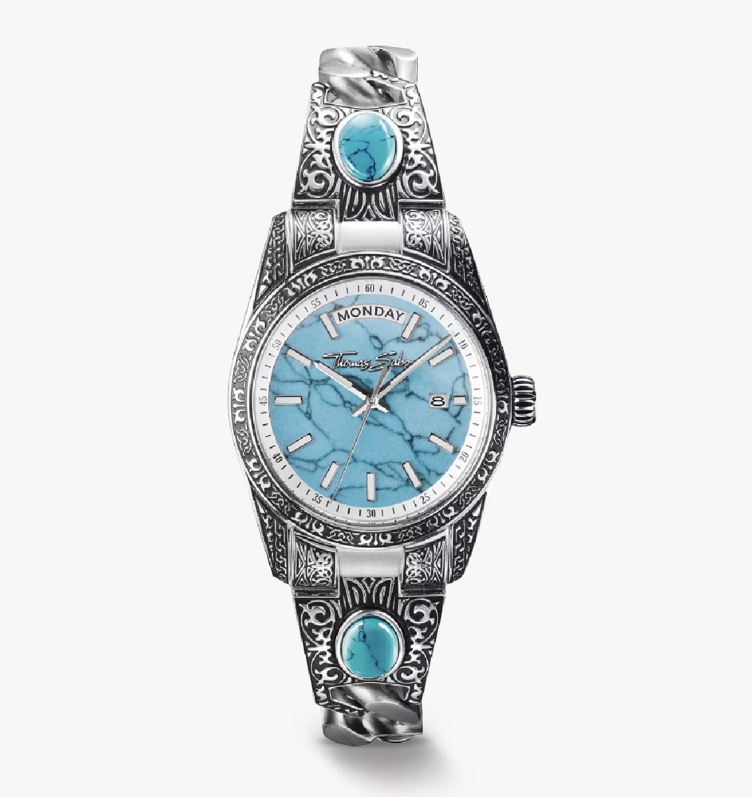 Thomas Sabo Uhr mit western-inspirierten Ornamenten aus Edelstahl, blauem Zifferblatt und türkisfarbenen Akzenten, Durchmesser 36 mm, neueste Kollektion des Herstellers.