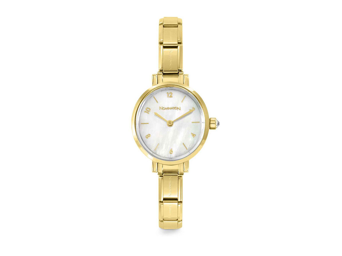 Edelstahl vergoldete Armbanduhr von Nomination mit ovalem Gehäuse, weißem Perlmutt-Ziffernblatt, goldenen Ziffern und einem eleganten Armband. Ideal für jedes Outfit.