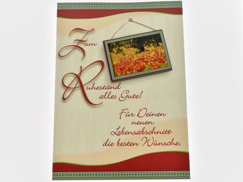 Landschaft mit Mohnfeld und Baum in leuchtenden Farben, umrahmt von einem dekorativen Rahmen mit der Aufschrift zum Ruhestand alles Gute für Deinen neuen Lebensabschnitt.