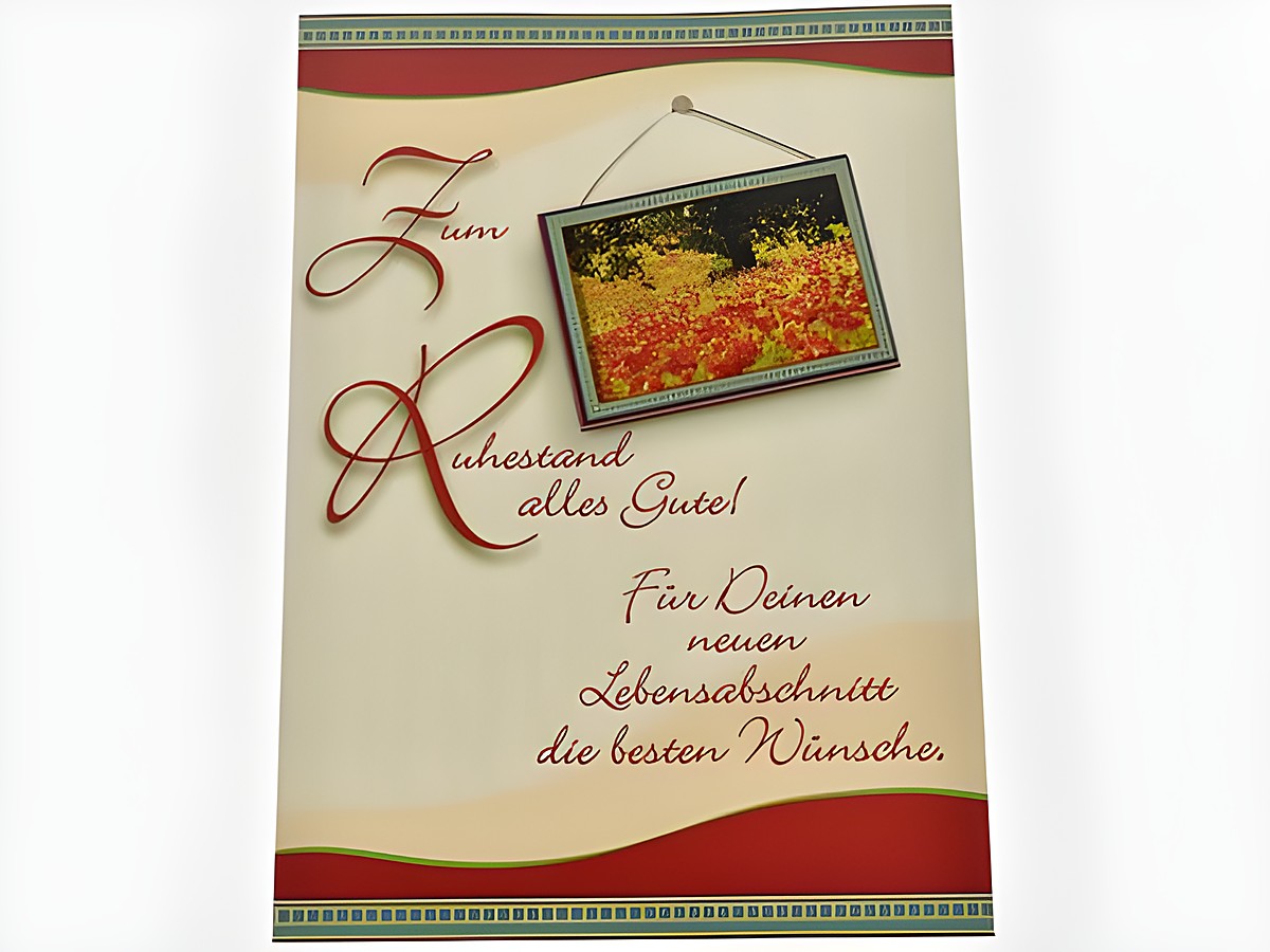 Landschaft mit Mohnfeld und Baum in leuchtenden Farben, umrahmt von einem dekorativen Rahmen mit der Aufschrift zum Ruhestand alles Gute für Deinen neuen Lebensabschnitt.