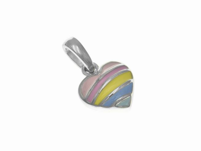 Anhänger aus Sterling Silber in Herzform mit pastellfarbenen Regenbogenstreifen, ideal für Kinder, hergestellt von Juwelier Harnisch.