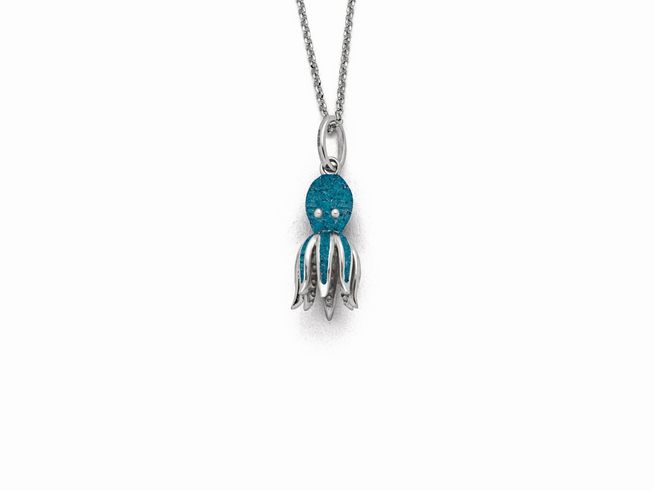 Sterling Silber Anhänger in Form eines Oktopus mit blauem Steinsand, zwei Augen und tentakelförmigen Armen, an einer feinen Kette, von DUR Schmuck, Modell P4189.