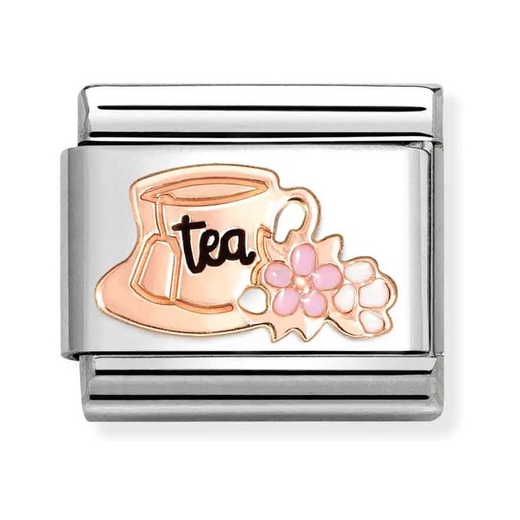 Nomination Composable Classic Charm Teetasse mit Blumen - Edelstahl, Gold 375 Roségold, Emaille