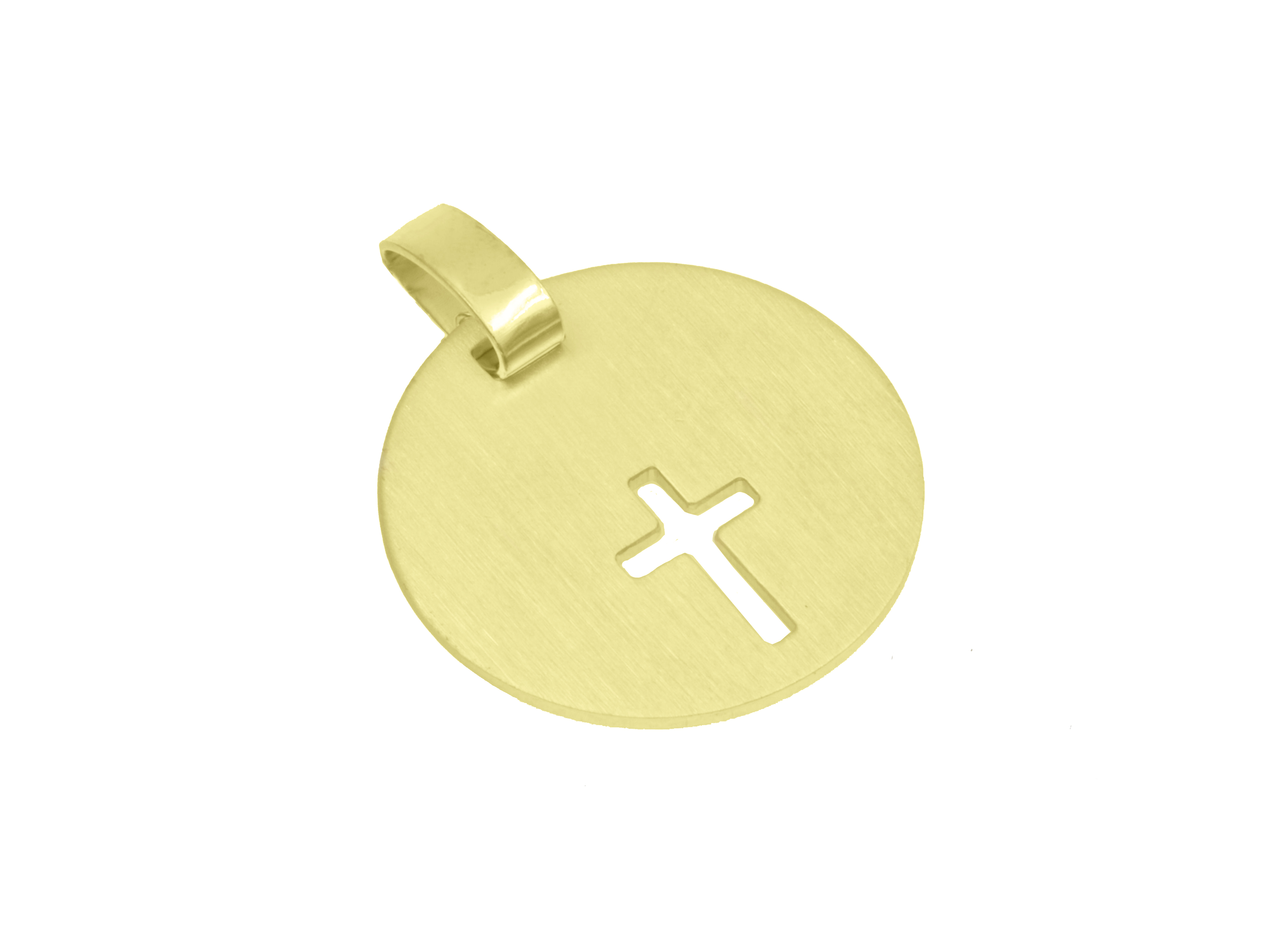 Anhänger aus Sterling Silber mit gelbgold vergoldeter Oberfläche, runde Gravurplatte mit durchbrochenem Kreuzdesign, Durchmesser 16 mm, neuheit von Juwelier Harnisch.