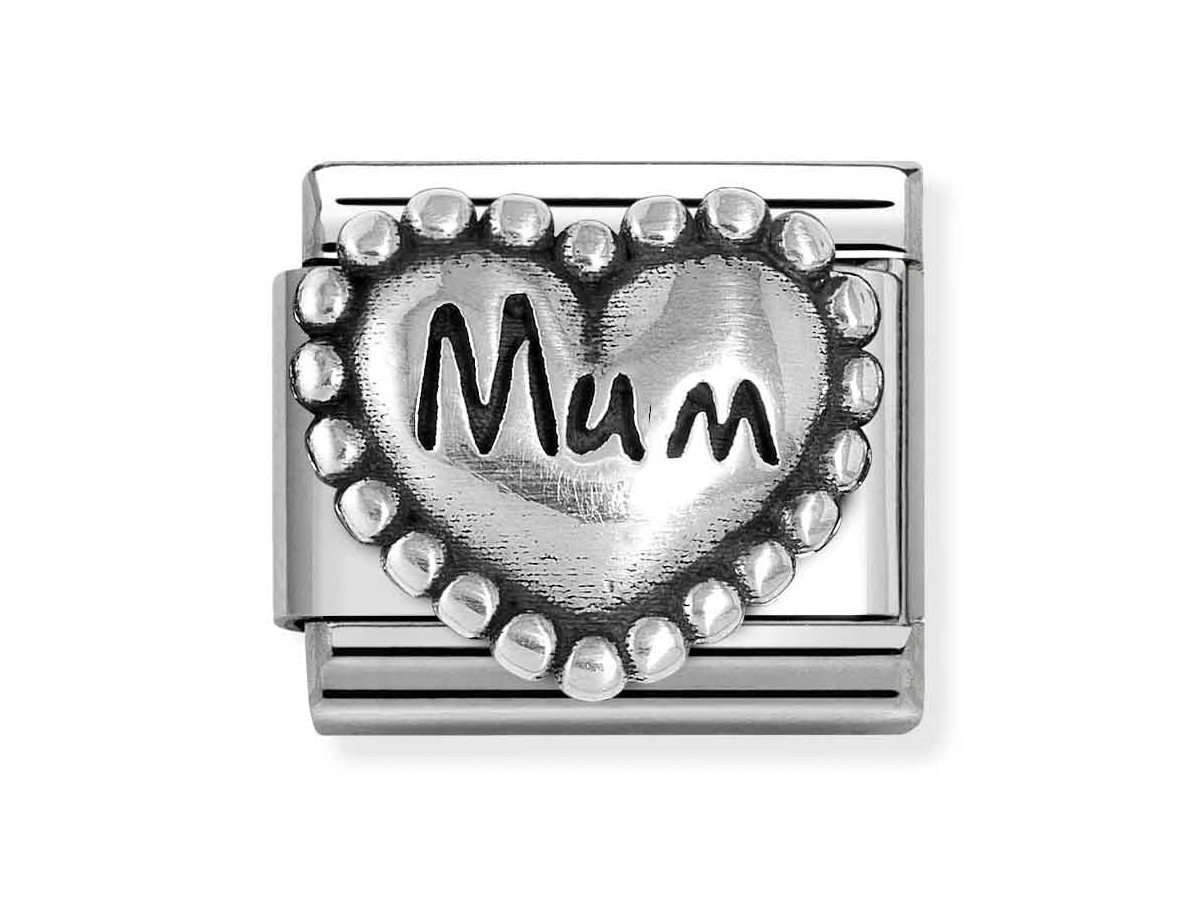 Nomination Sterling Silber 330101 80 - Mum-Kugelherz Element - Classic Silber Mum-Kugelherz Element aus Sterling Silber von Nomination, mit eingraviertem Wort Mum in der Mitte und einer Perlenumrandung, neu und elegant gestaltet.