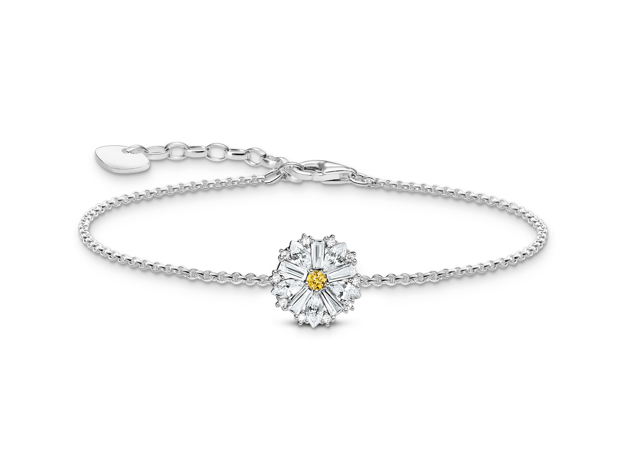 Silbernes Armband mit einem blühenden Blumenmotiv in Gelb und klarem Zirkonia, vom Hersteller Thomas Sabo, aus der Kollektion Blooming Skies, verstellbare Länge von 16 bis 19 cm.