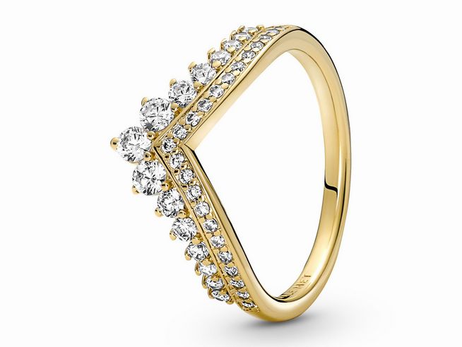 Pandora zeitloser Wunsch Tiara Ring in Gelbgold vergoldet mit funkelnden Zirkonia-Steinen, Größe 46, elegantes Design für besondere Anlässe.