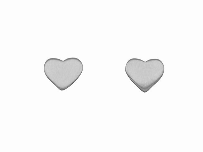 Ohrstecker in Herzform aus rhodiniertem Sterling Silber, flach gestaltet, vom Hersteller Juwelier Harnisch, ohne Stein. Ideal für einen dezenten, eleganten Look.