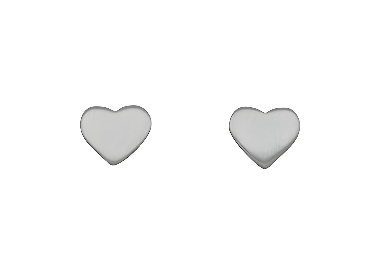 Ohrstecker in Herzform aus rhodiniertem Sterling Silber, flach gestaltet, vom Hersteller Juwelier Harnisch, ohne Stein. Ideal für einen dezenten, eleganten Look.