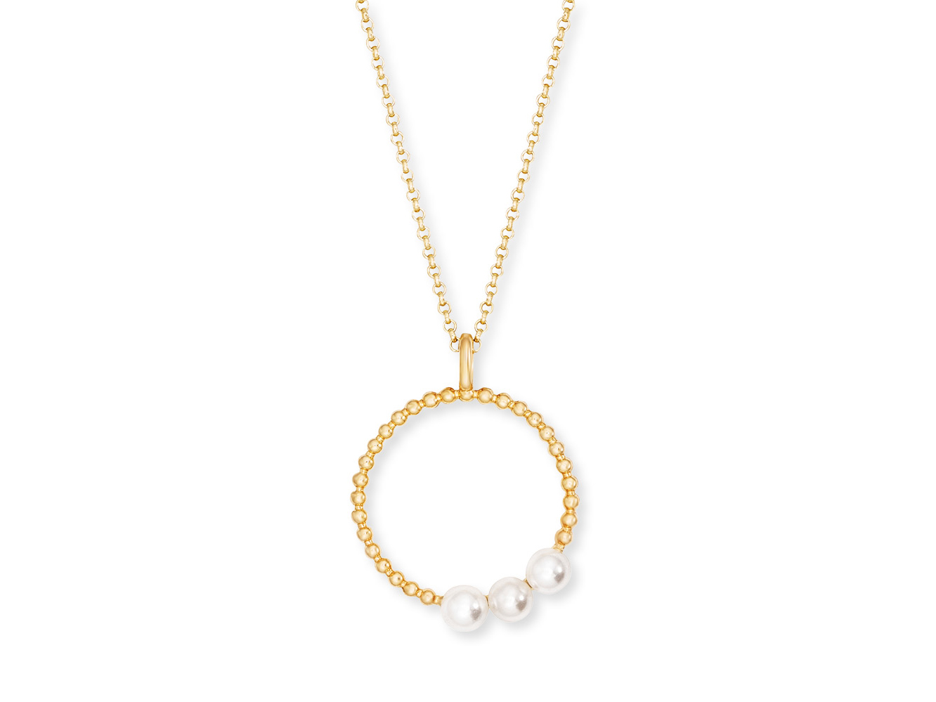 Kette aus gelbgoldvergoldetem Silber mit einem Anhänger in Form eines Rings, der mit drei weißen Perlen verziert ist. Die Kette hat eine Länge von 42 cm.
