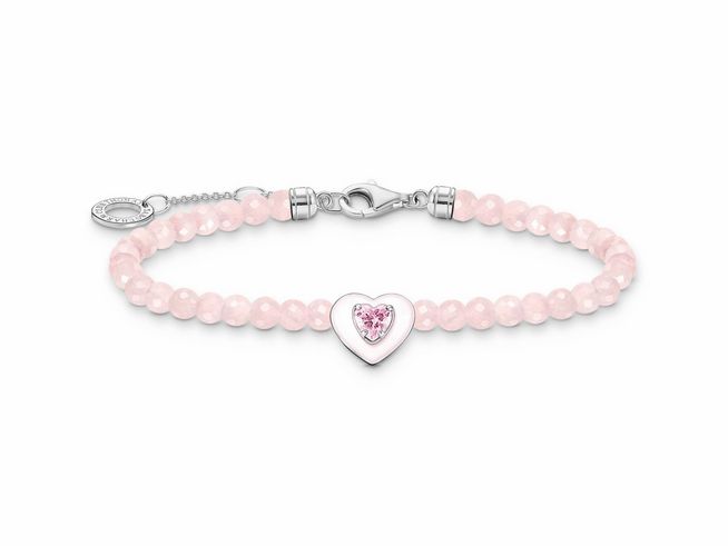 Silbernes Armband von Thomas Sabo mit Rosenquarz und pinkem Zirkonia Herzanhänger, 16 bis 19 cm einstellbar, elegantes Design für stilvolle Anlässe.