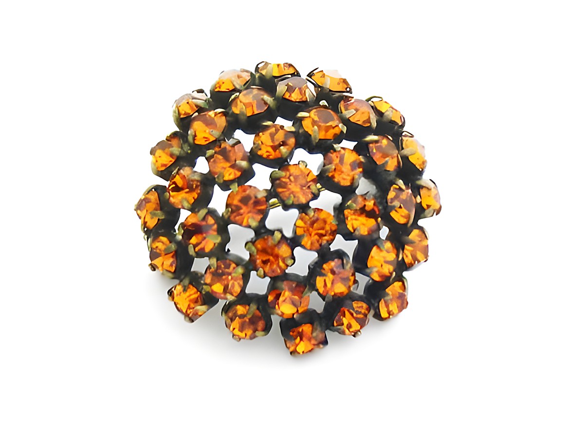 Orange Strass Brosche Sexy City Look rund, hergestellt von Juwelier Harnisch, mit gelben und braunen Strasssteinen, ideal für auffällige Akzente in jedem Outfit.