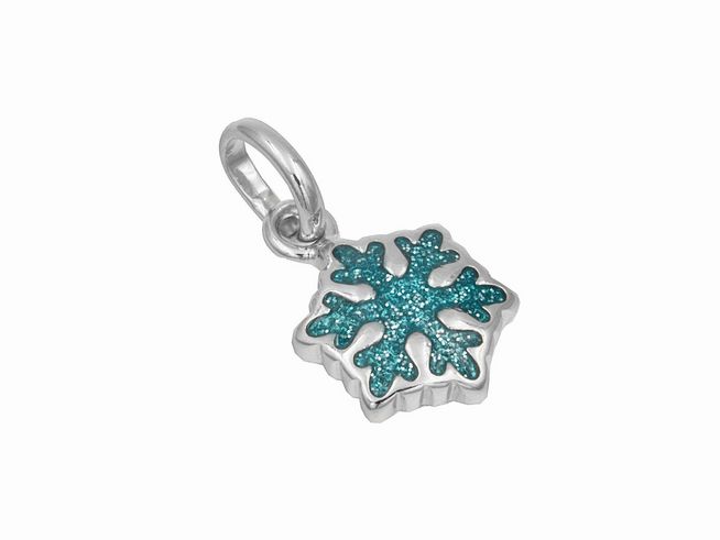 Sterling Silber polierter rhodinierter Anhänger in Form einer Schneeflocke mit Lack Glitter in Hellblau, Hersteller Juwelier Harnisch, ideal für modische Akzente.