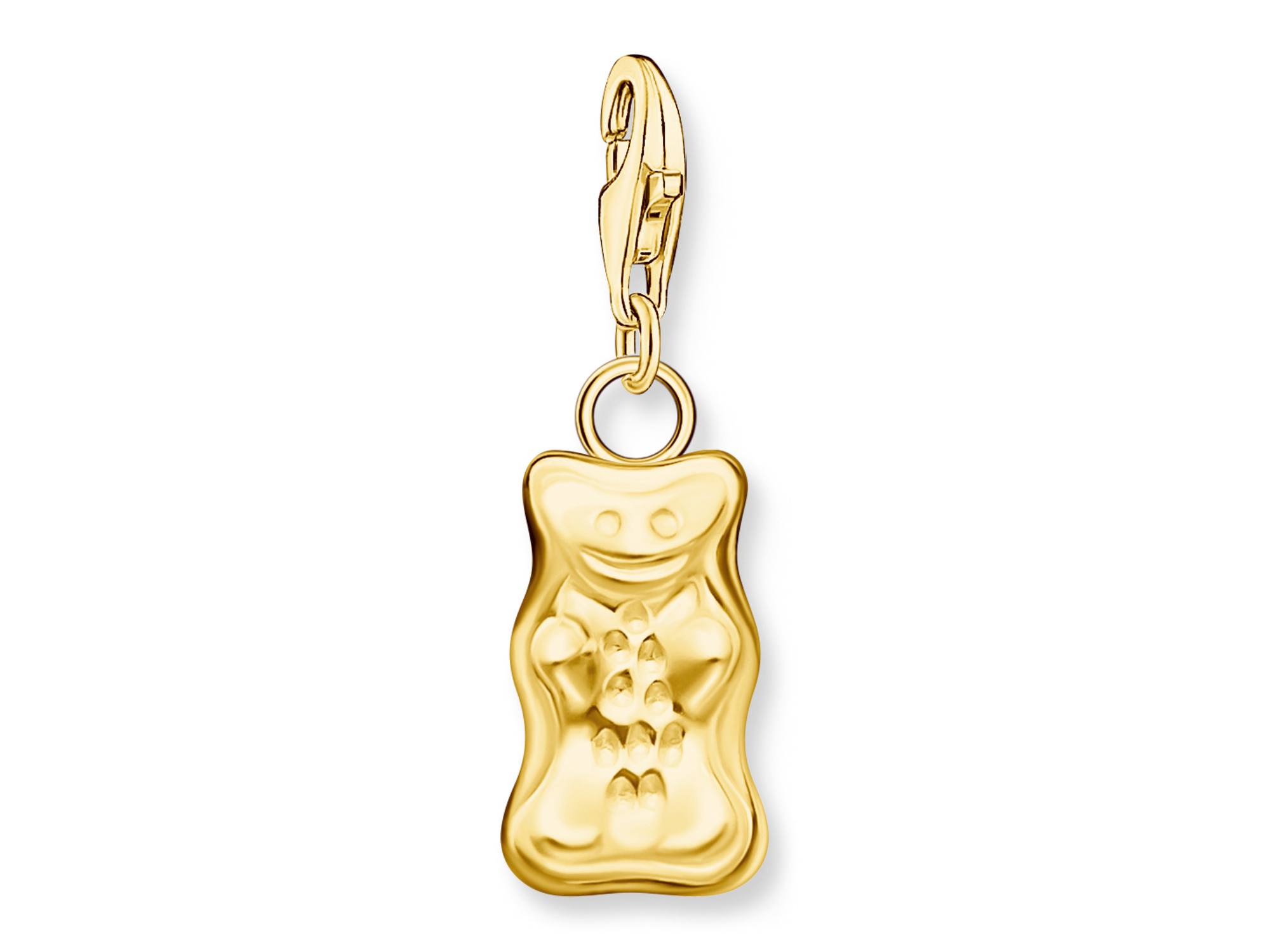 Charm-Anhänger in Form eines goldenen Gummibärchens, aus Silber vergoldet, mit einem Anhängerhaken, hergestellt von Thomas Sabo in Zusammenarbeit mit HARIBO.