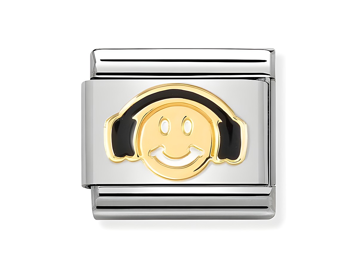 Edelstahl Charm von Nomination mit einem lächelnden Smiley, der Kopfhörer trägt, in Gelbgold und schwarzem Emaille. Ein fröhliches Accessoire für individuellen Schmuck.
