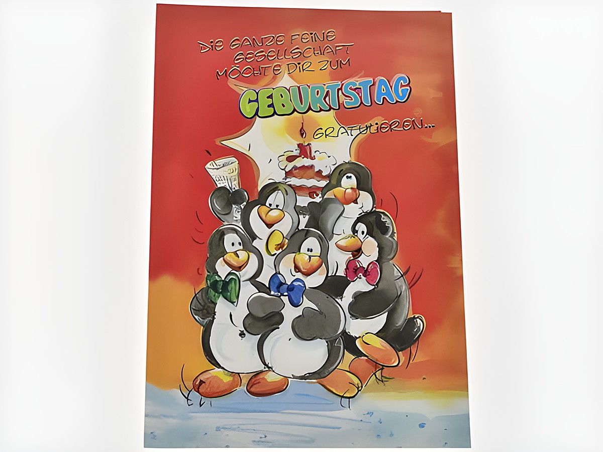 Fröhliche Pinguine feiern einen Geburtstag, umgeben von einer bunten Torte und bunten Luftballons. Die Karte trägt den Text "Die ganze feine Gesellschaft möchte dir zum Geburtstag gratulieren".