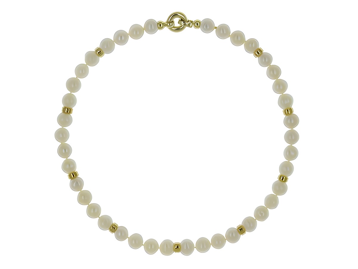 Perlenkette mit Süßwasser-Zuchtperlen von 10 bis 10,5 mm in weißer Farbe, Länge 45 cm, ergänzt mit goldenen Akzenten aus Gold 585, klassisches Design vom Hersteller Juwelier Harnisch. – Ansicht 3