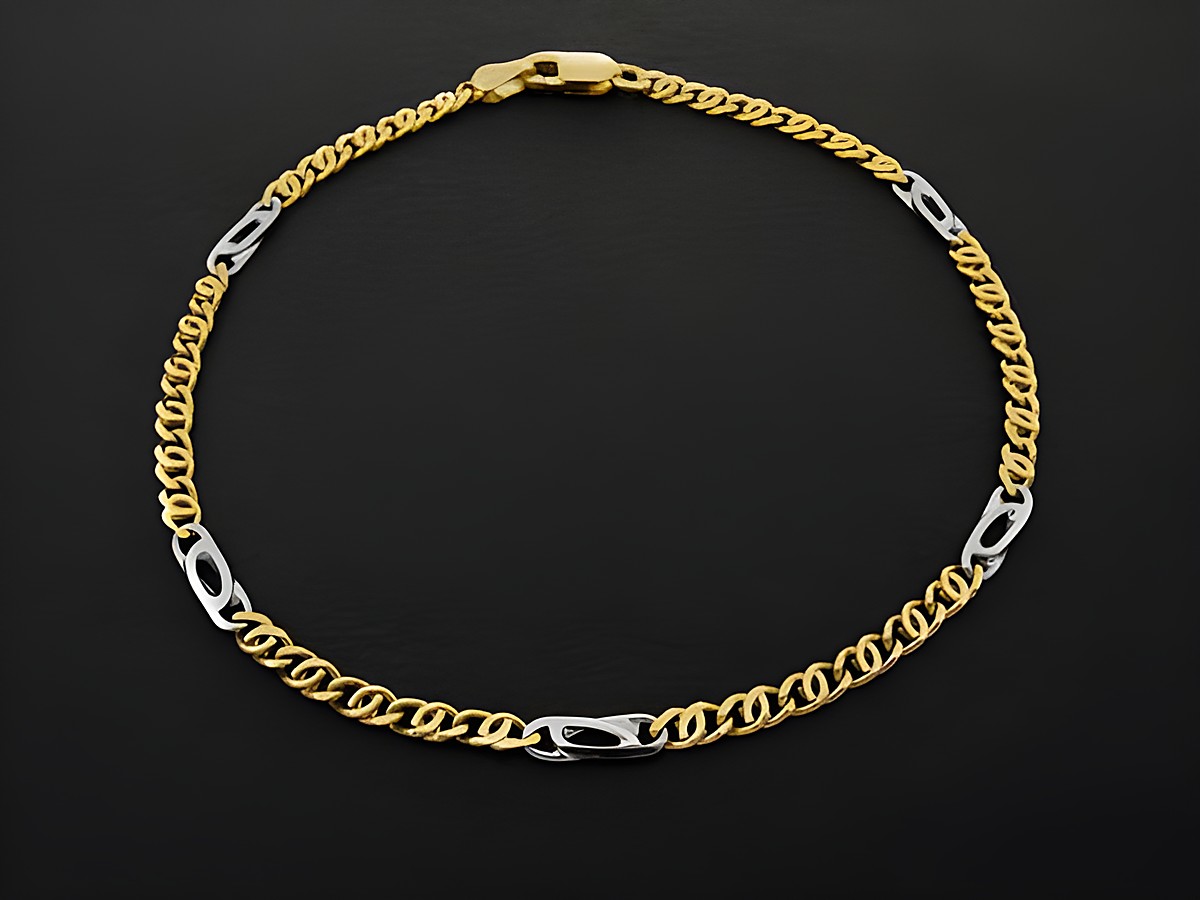 Armband Stäbchenpanzer in Gold 750 bicolor, 20,5 cm lang, von Juwelier Harnisch, mit Gold 333, elegantes Design mit Gold- und Weißgold-Elementen.