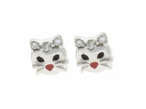 Ohrringe Stecker in Form von Katzenköpfen aus Silber rhodiniert mit funkelnden Elementen und roter Nase, Hersteller Juwelier Harnisch, ideal für Kinder.
