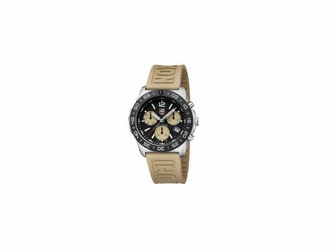 Luminox Sea XS.3150 Armbanduhr mit schwarzem Zifferblatt, drei Chronographen-Funktionen und hellem Silikonarmband. Hersteller Luminox, neu. 44 mm Gehäusegröße.