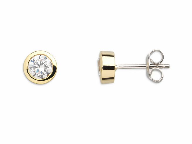 Xenox Sterling Silber Ohrringe XS7156G ZARGE GOLD mit gelbgold vergoldeter Zarge und funkelndem Stein. Eleganter Ohrschmuck für jeden Anlass.